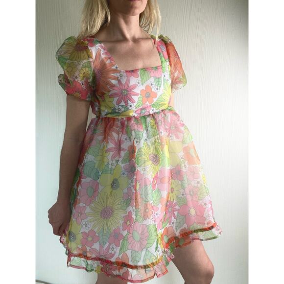 NISSA NEW YORK Sheer Floral Puff Sleeve Babydoll Dress US SMALL - Picture 2 of 14
